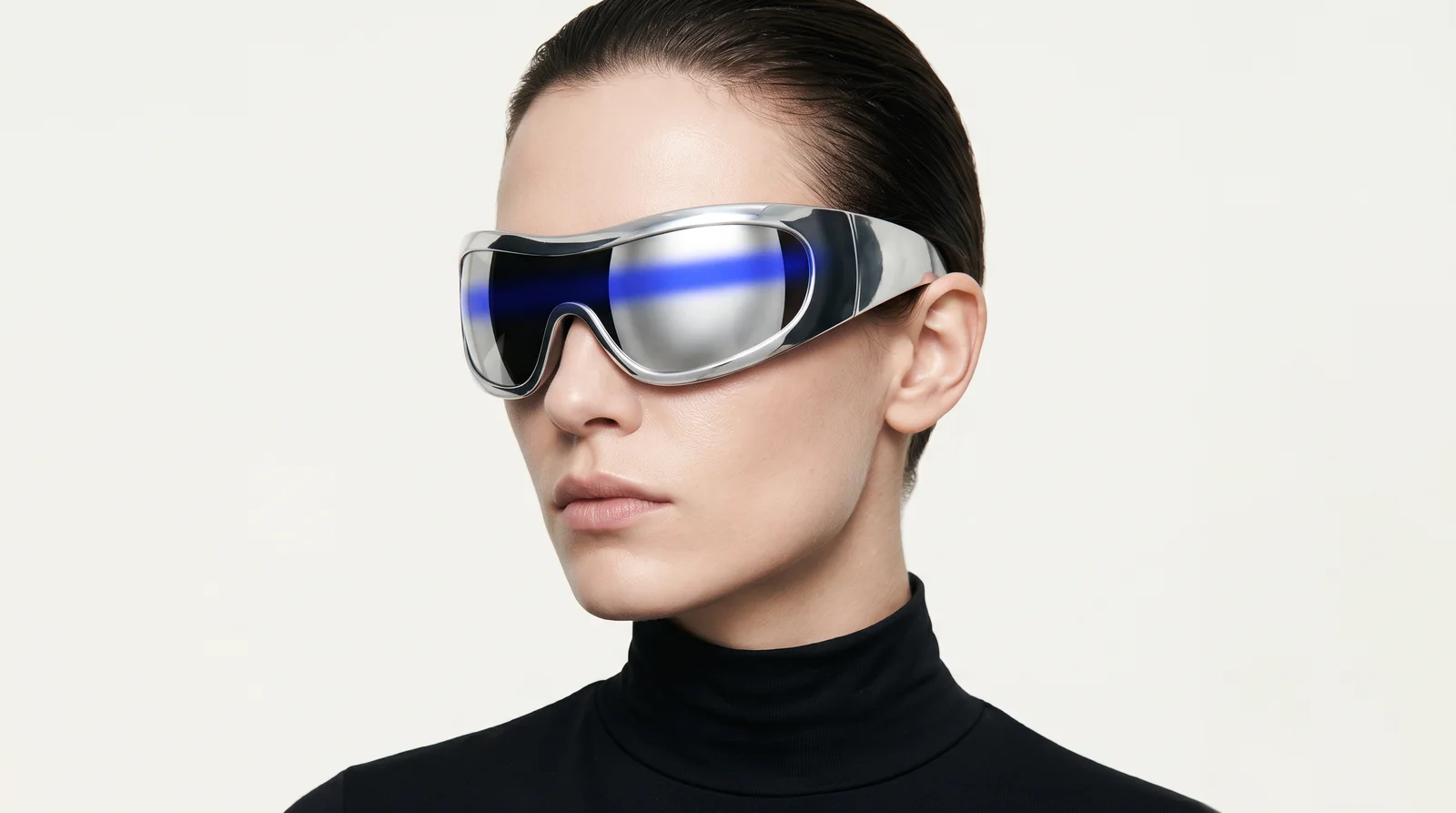 An original DBS editorial study: a futuristic silver visor with an electric-blue reflection.