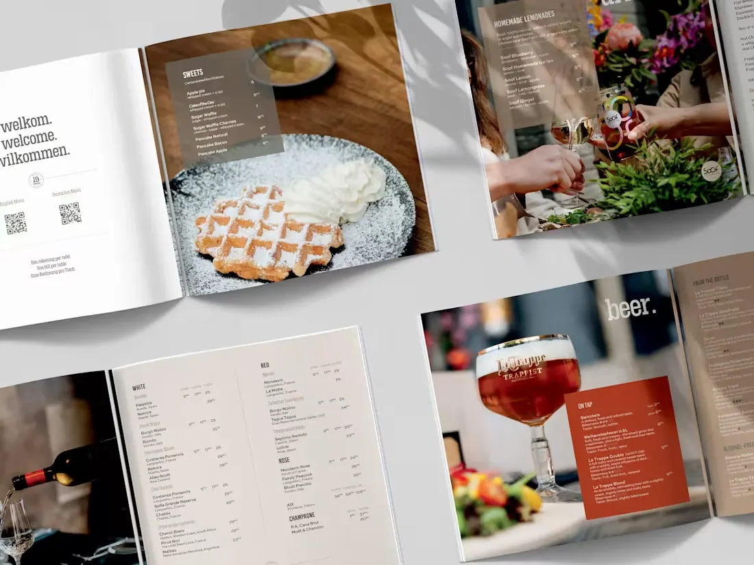 19 Domburg menus and hospitality collateral with food photography and editorial layouts.