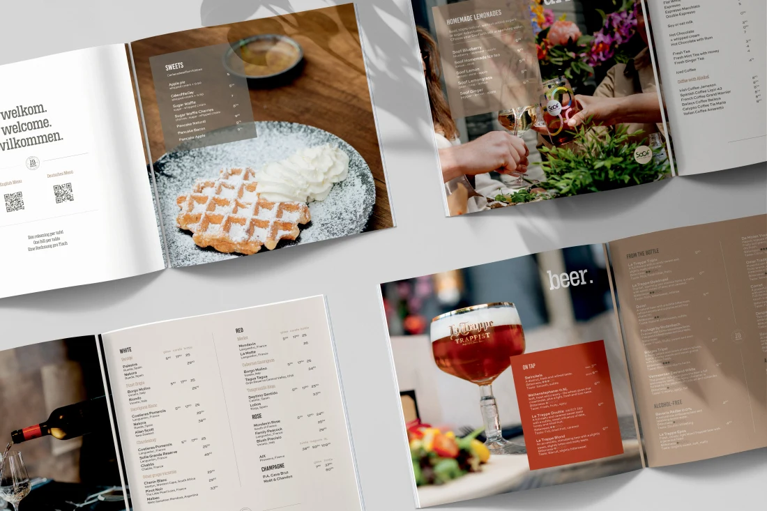 19 Domburg menu spreads combining dishes, drinks and editorial typography.