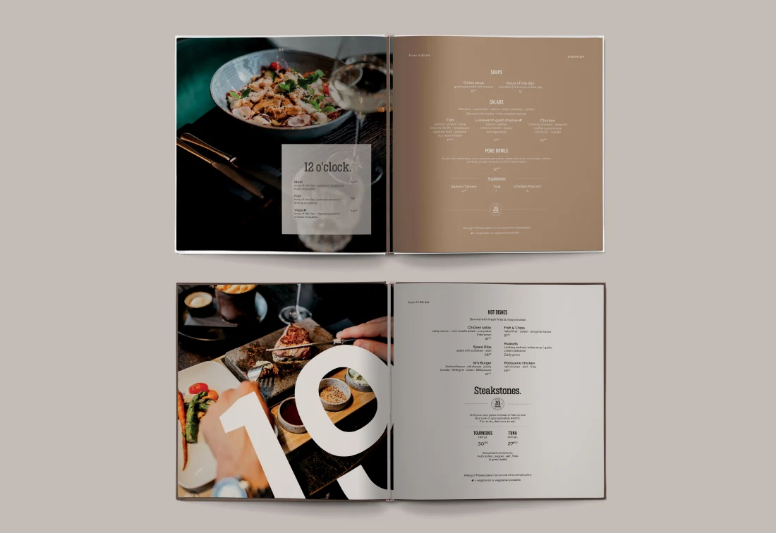 19 Domburg brown and cream menu spreads with hospitality photography.