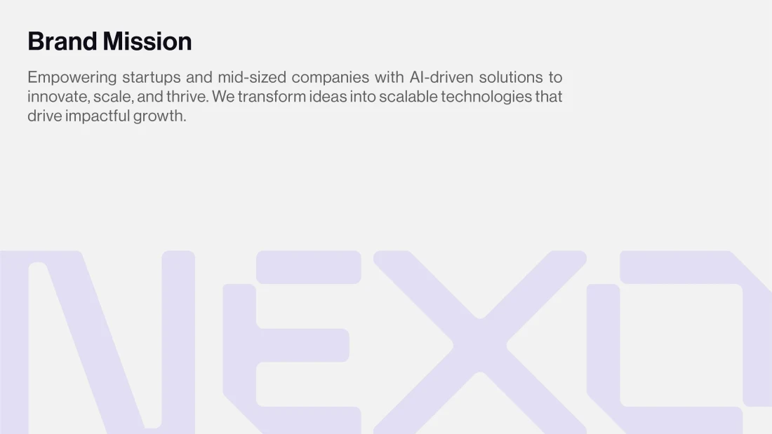 NEXO brand mission statement and oversized pale-purple geometric wordmark.