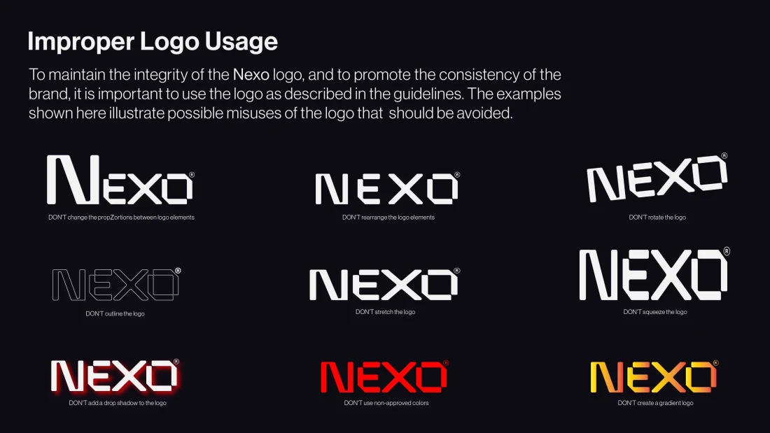 NEXO brand guidelines showing examples of improper logo usage.