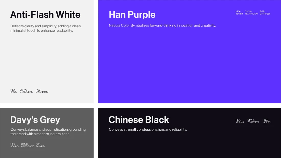 NEXO palette of white, vivid purple, grey and near-black.