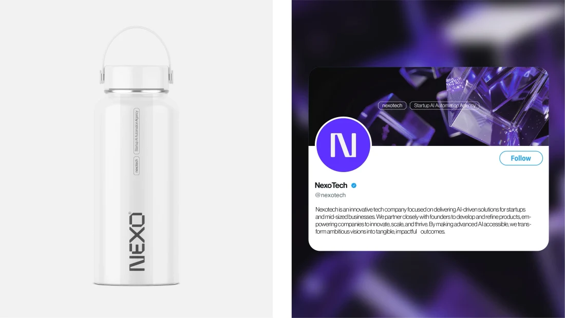 NEXO branded bottle and purple social-profile concept.