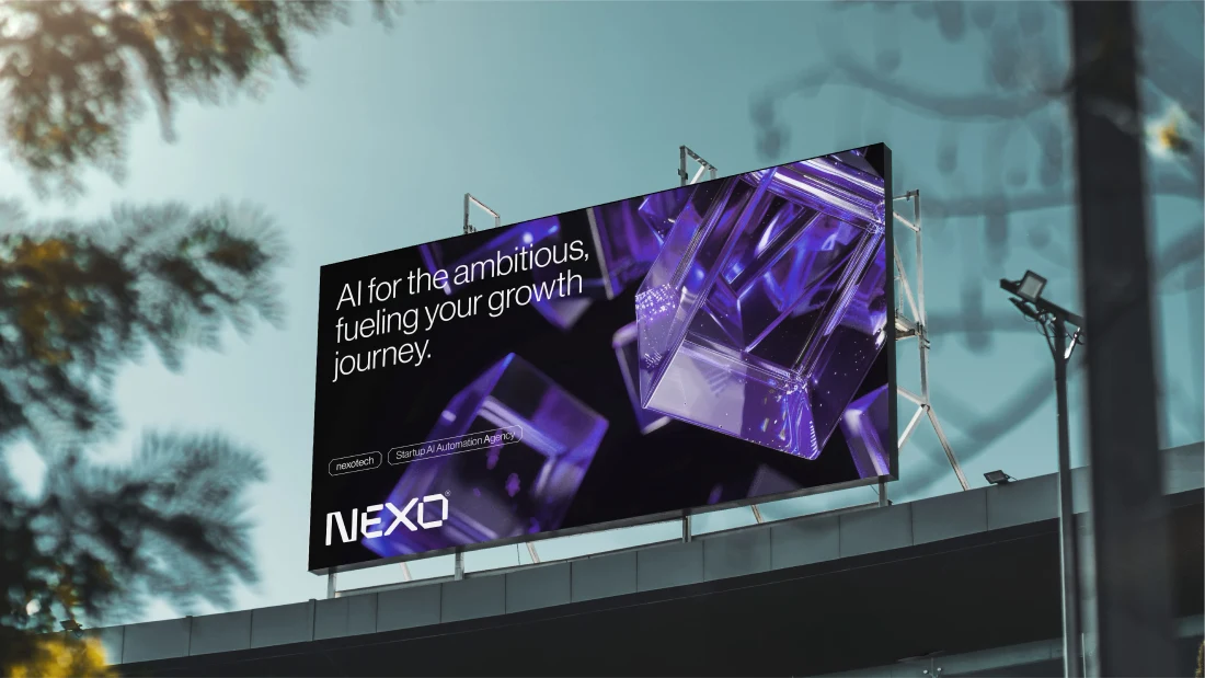 NEXO purple campaign billboard against a contemporary glass building.