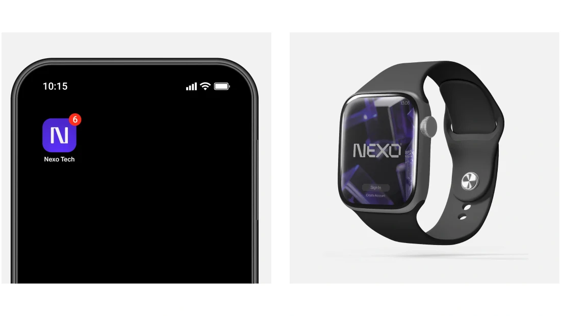 NEXO mobile and smartwatch interface concepts.