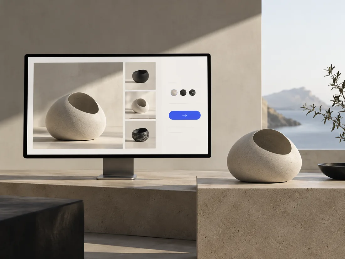 Conceptual studio image of a refined online storefront and product display.