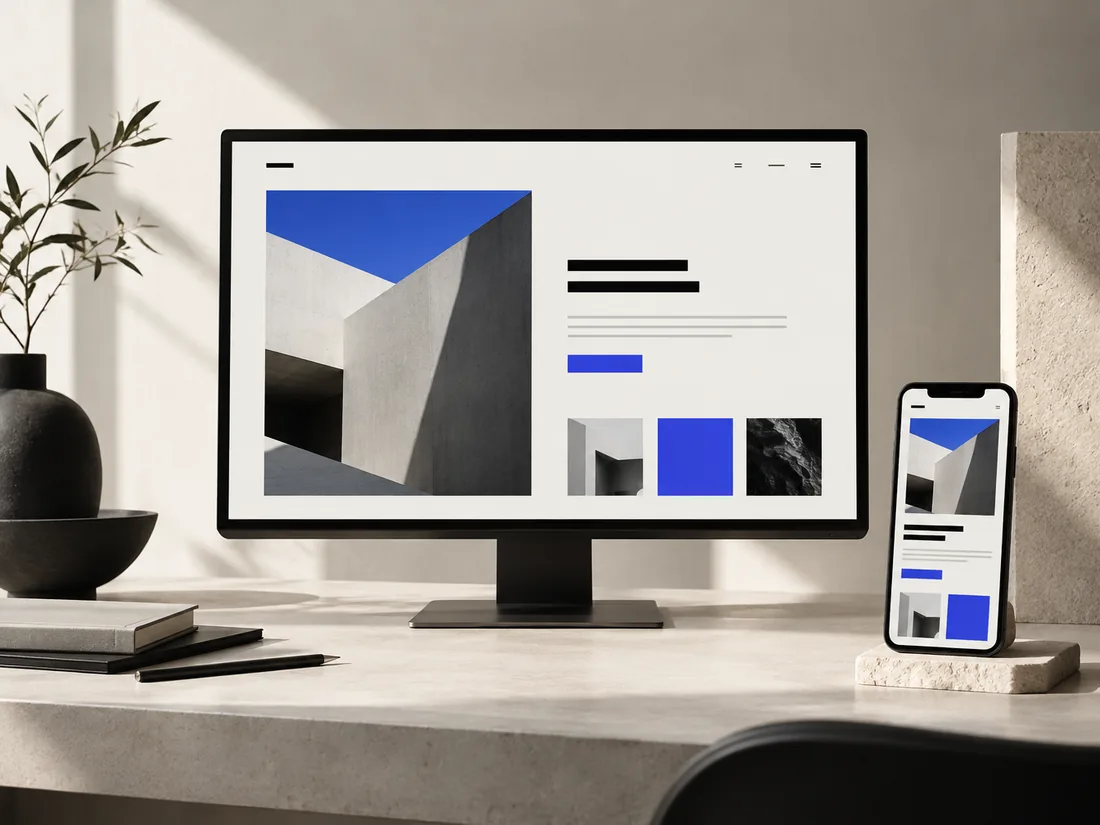 Conceptual studio image of a responsive website across architectural display formats.