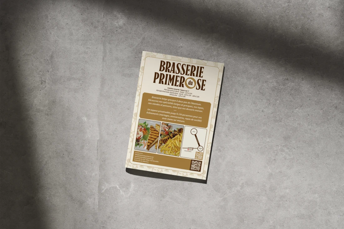 Primerose printed menu with brown typography and Atomium-inspired line art.