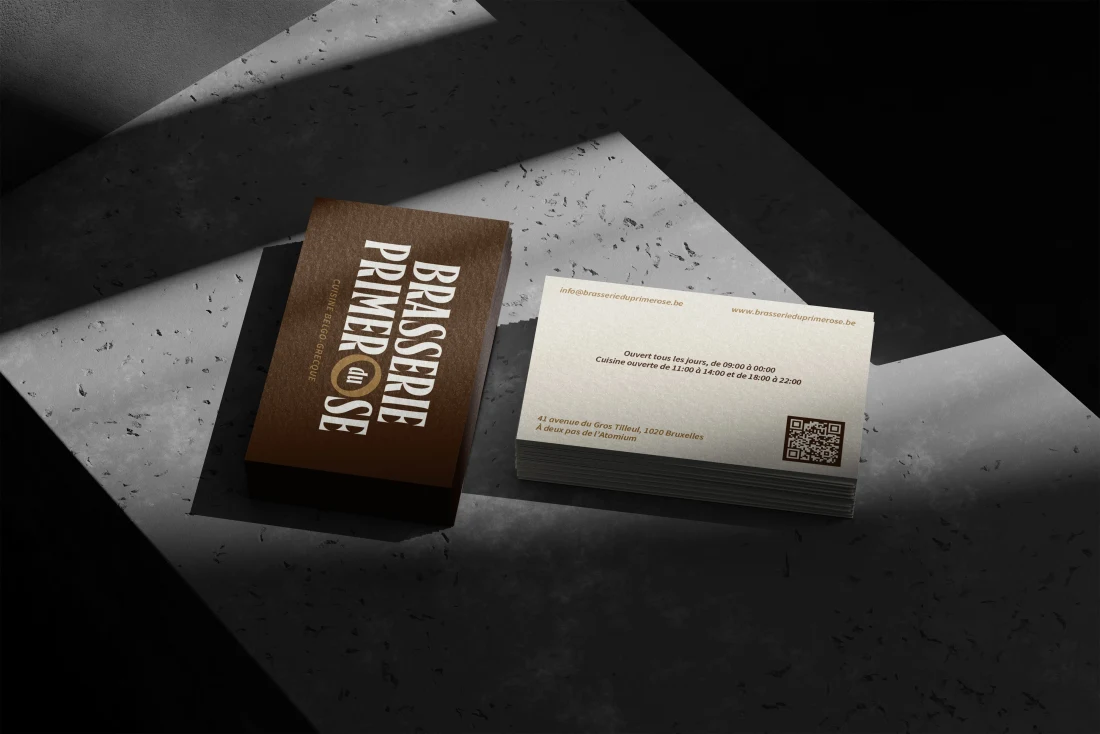 Primerose brown and cream business cards, including a contact card with a QR code.