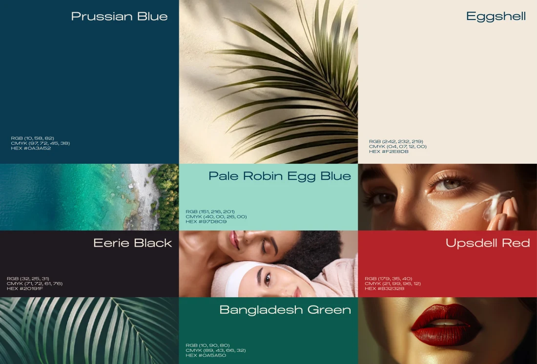 SAKI colour palette pairing deep teal, mint, cream and red with botanical and beauty photography.