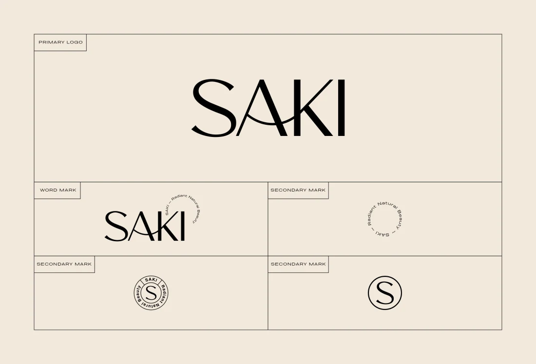 SAKI wordmark, monogram and circular logo variations on cream.