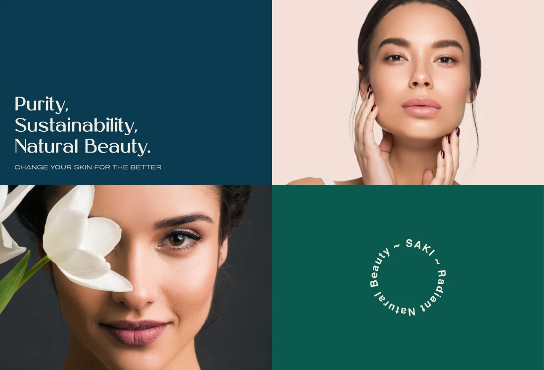 SAKI brand collage pairing beauty portraits with purity and sustainability messaging.
