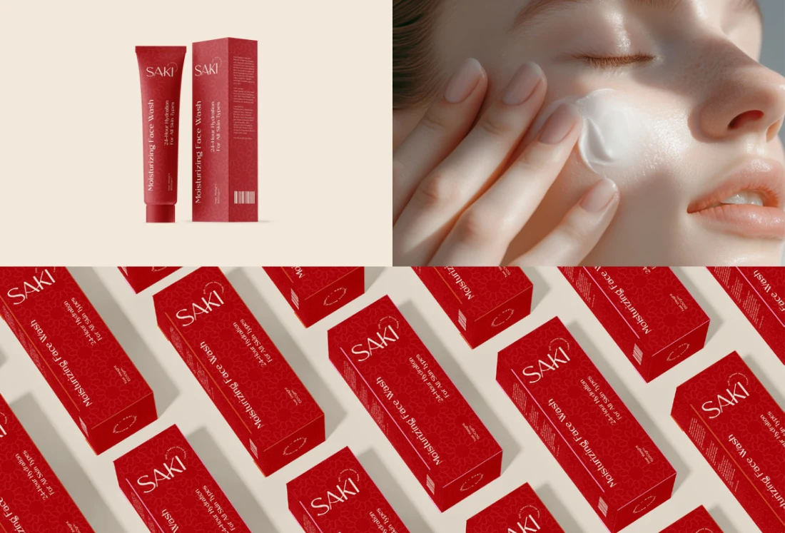SAKI red skincare packaging alongside a close-up cream application photograph.