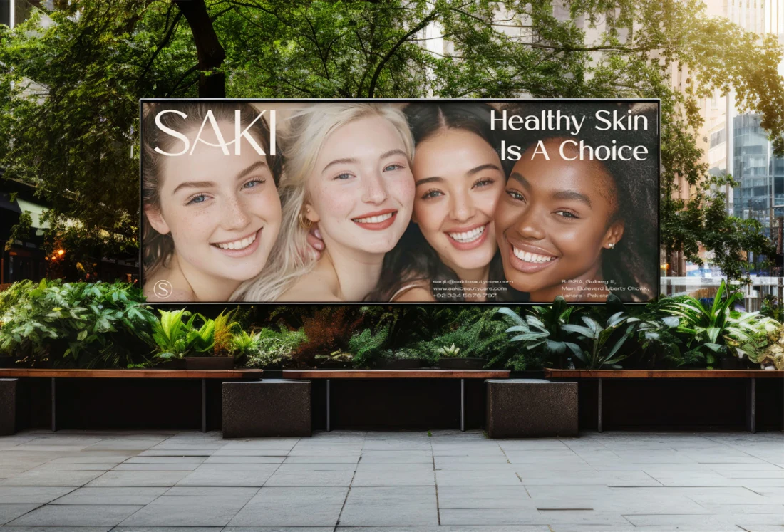 SAKI outdoor billboard with three smiling portraits and healthy-skin messaging.