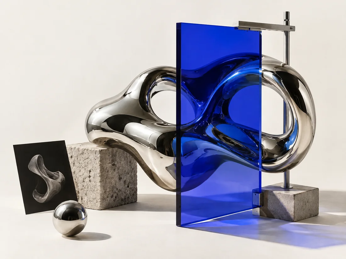 Fictional polished-chrome and cobalt-glass editorial sculpture illustrating human-directed AI creation.