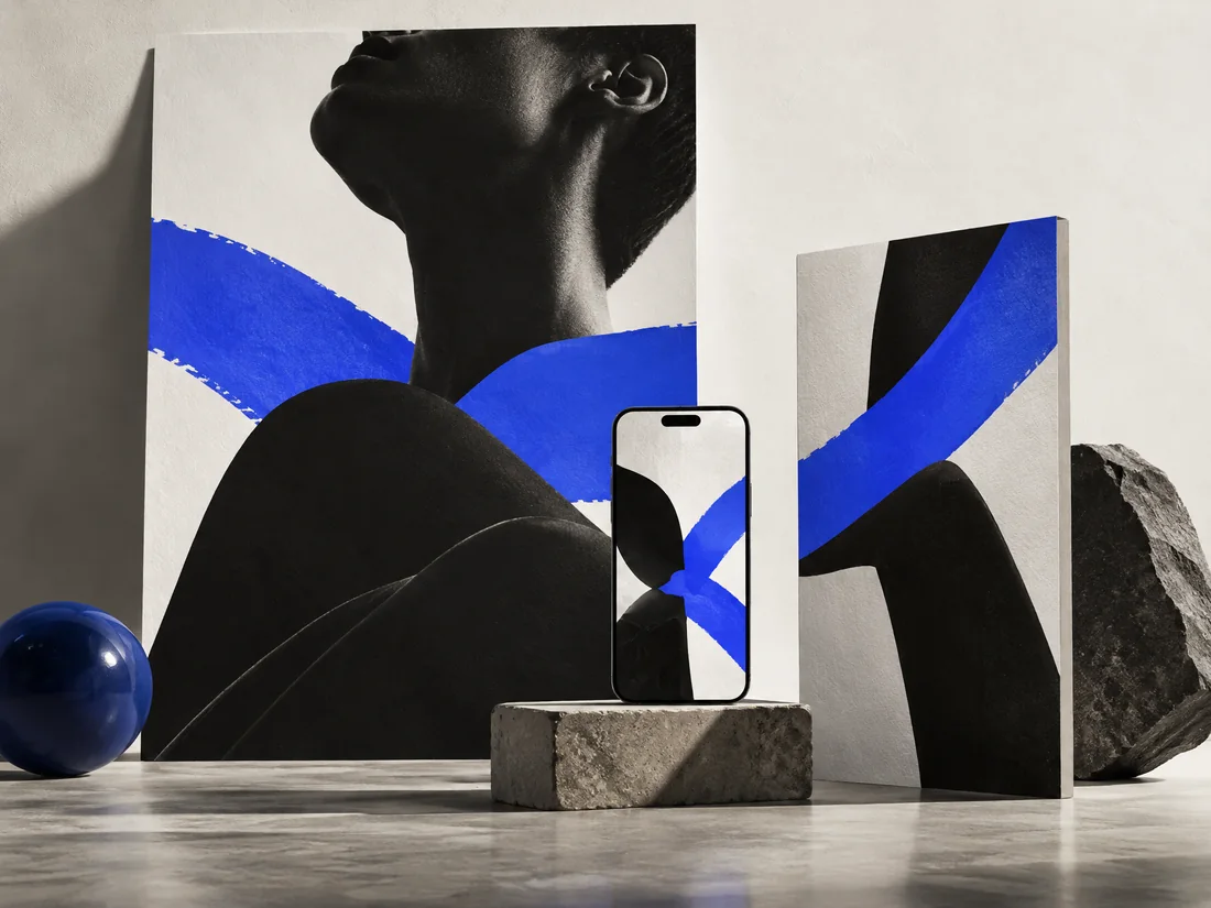 Fictional editorial campaign installation with coordinated cobalt graphics across print and screen.