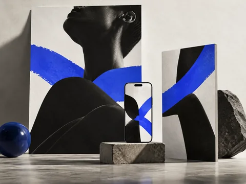 Fictional editorial campaign installation with coordinated cobalt graphics across print and screen.