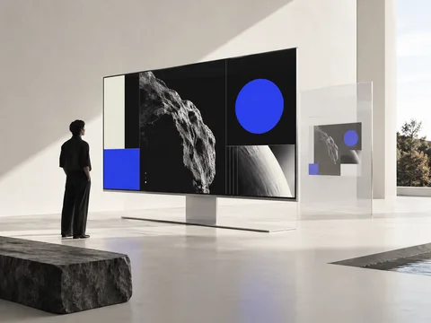 Fictional editorial installation of a black-and-cobalt digital interface on a large display.